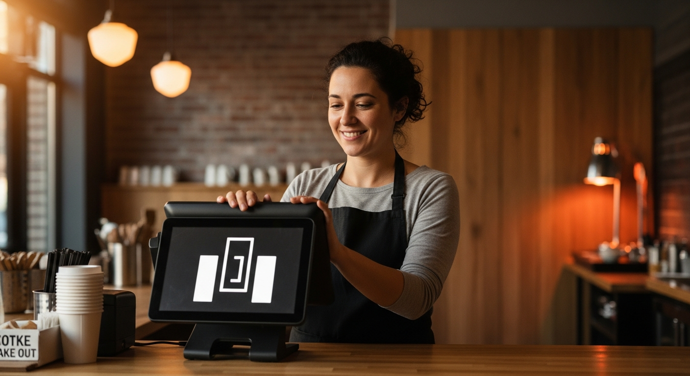 A friendly QSR operator standing behind a clean wooden counter with a modern point-of-sale display, warm pendant lighting overhead.